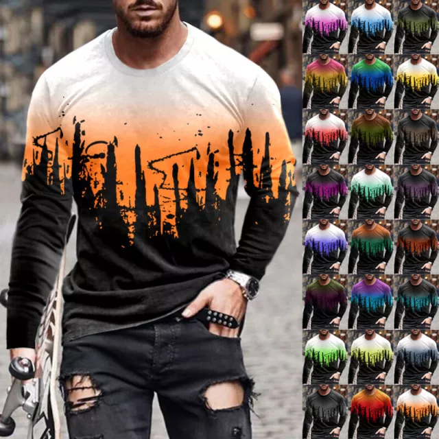 Mens 3D Print Long Sleeve T Shirt Casual Baggy Crew Neck Fashion Tops Basic Tee