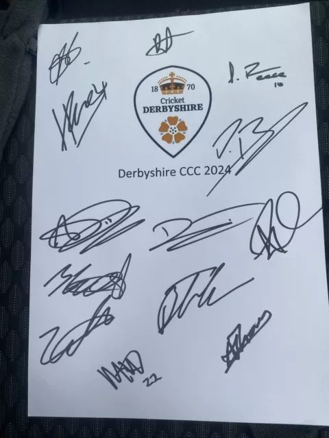 Derbyshire County Cricket Club 2024 Signed A4 Card Including Tickner Reece
