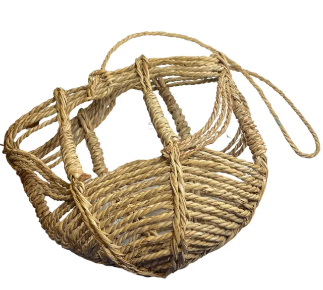 Vintage Hand Woven Straw  Raffia Wicker Beach Tote Market Bag Boho Native Design