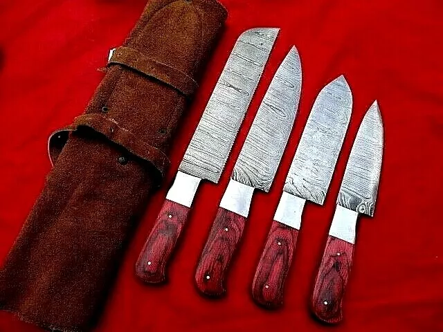 4 x Handmade Damascus Steel Kitchen Chef Knife & Hunting in LEATHER ROLL