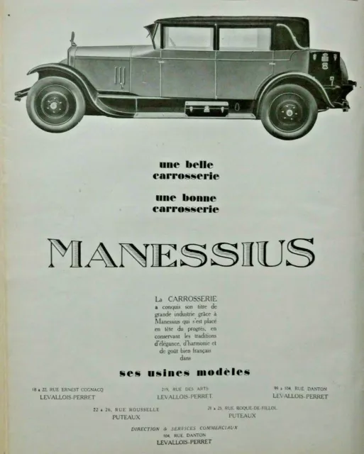 Publicité De Presse 1926 Belle Et Bonne Carrosserie Manessius