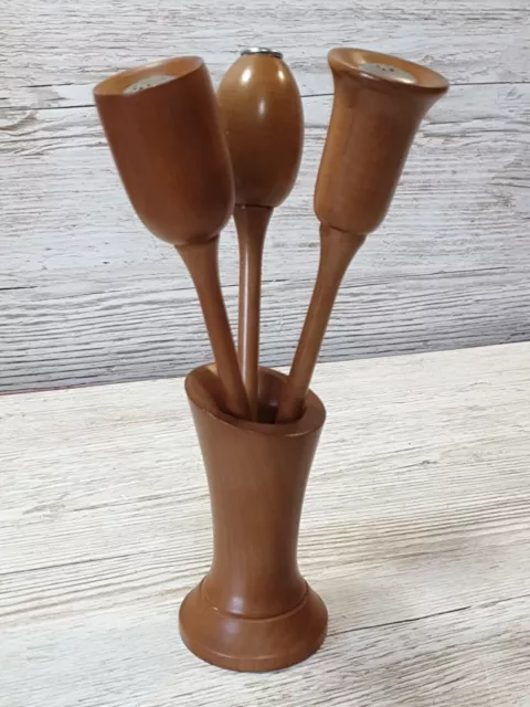 Unusual Vintage Retro Wooden Salt Pepper Shakers. 60s 70s Vase flower style.