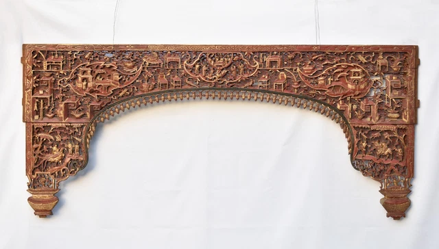 Large Antique Chinese Red & Gilt Wood Carved Bed Panel / Architectural Archway