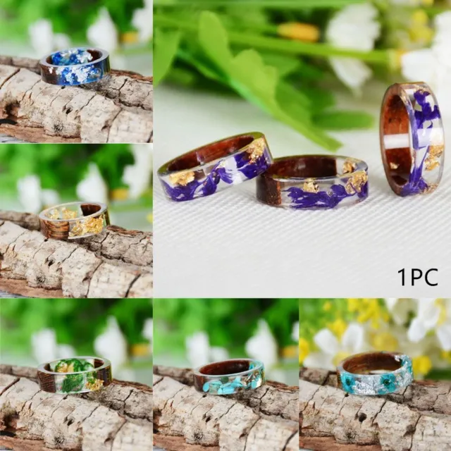 Gift Handmade Jewelry Novelty Wooden Band Ring Flower Resin Ring Plants Inside