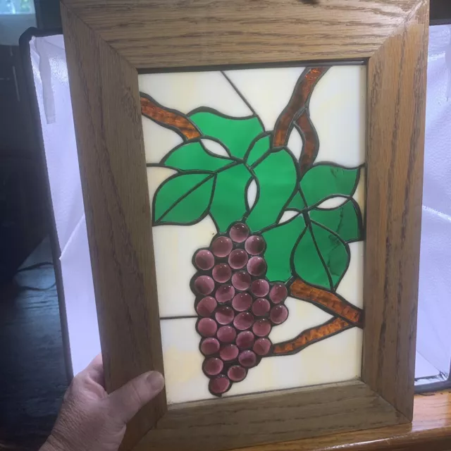 Vintage Stain Glass Panel Raised Bead Grapes  Wood Frame