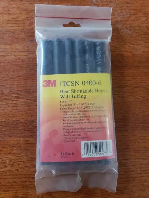 3M Itcsn-0400-6"-Black-12-3 Pc Pks Shrink Tubing,0.4In Id,Black,6In,Pk3