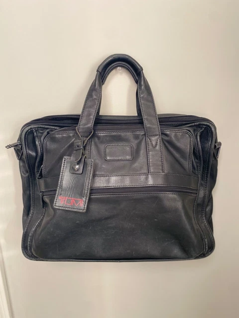 TUMI Briefcase Mens Black Leather- Office Work Bag w/Strap