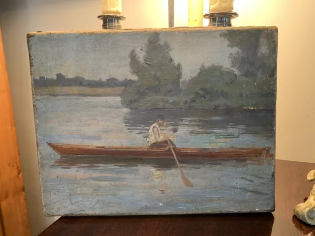 Ancien Tableau Huile Sur Toile Paysage Personnage En Barque Signé