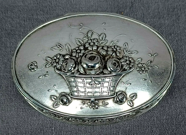 German Hanau 800 Silver Repousse Flowers in Basket Box Circa 1880-1910
