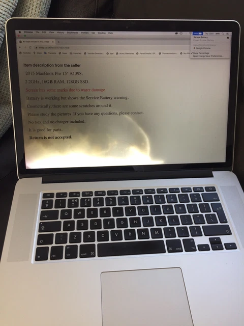 Apple MacBook Pro A1398 15" 2,2 GHz i7, 16 GB RAM 2015 difettoso per ricambi/riparazione