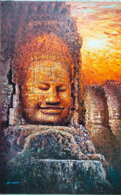Bayon Temple Face Paintings on Canvas Hand Painted Signed 80cm x 120cm