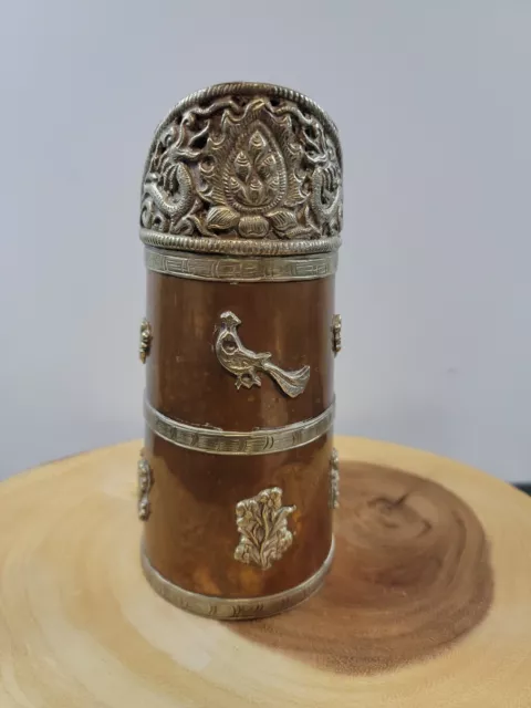 Vintage Tibetan Copper Brass Pitcher Jug Dragon Handle Decorative Bird Relief