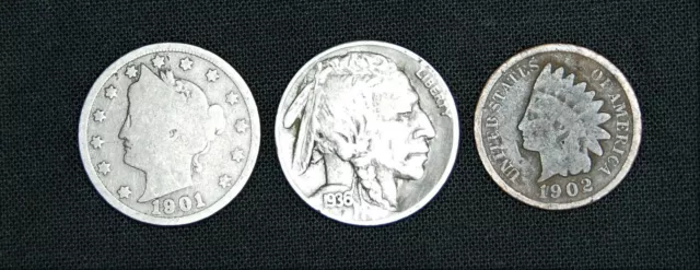 Indian Head Penny, Liberty V, Buffalo Nickel (3 coin) Lot - Old US Coins