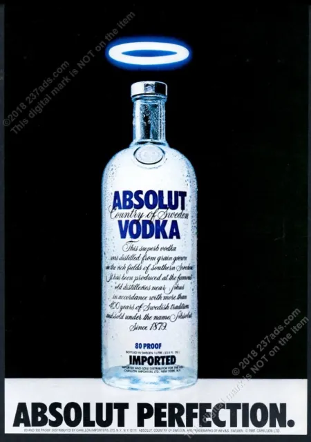 1981 Absolut Perfection vodka bottle photo with angel halo vintage print ad