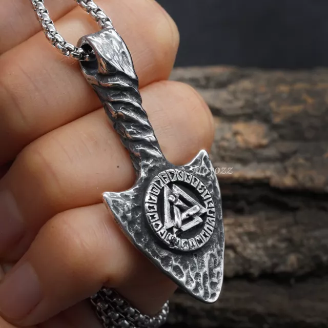 Viking Stainless Steel Mens Norse Arrowhead Valknut Pendant Necklace Gift