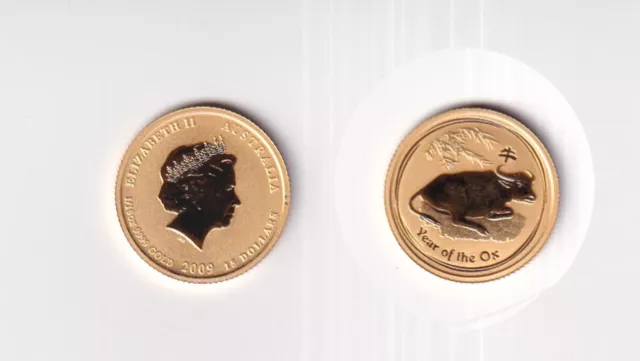 Goldmünze Australien 1/10 Unze Jahr des Ochsen Lunar 15 Dollar 2009 in Kapsel
