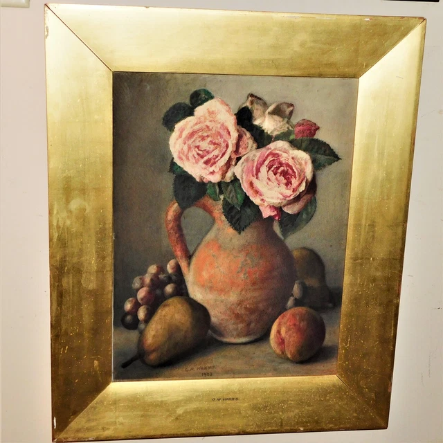 Watercolor Still Life of Roses in a Vase and Fruit by G.W. Harris
