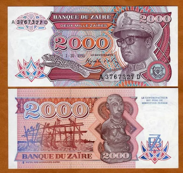 Zaire, 2000 Zaires, 1991, P-36, UNC Mobutu