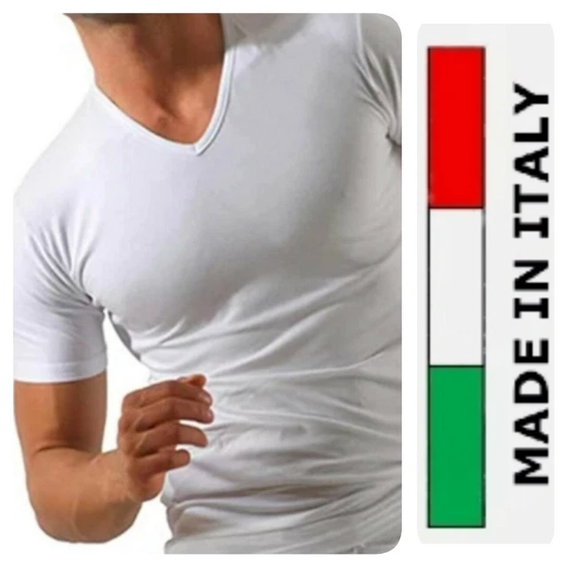 🇮🇹 Set 6 Maglie In Cotone 100% Bianco Da Uomo T-Shirt Scollo V Made In Italy