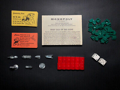 1961 Vintage Monopoly Game Pieces Assorted Dice, Houses, Metal Players, Cards