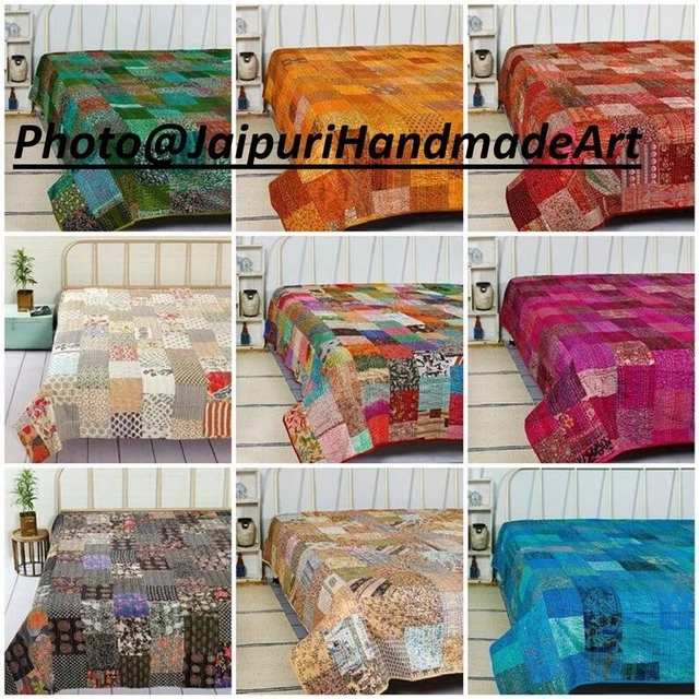 Vintage Patchwork Kantha Couvre-Lit Indien Handmade Couette Jeté de Lit Coton