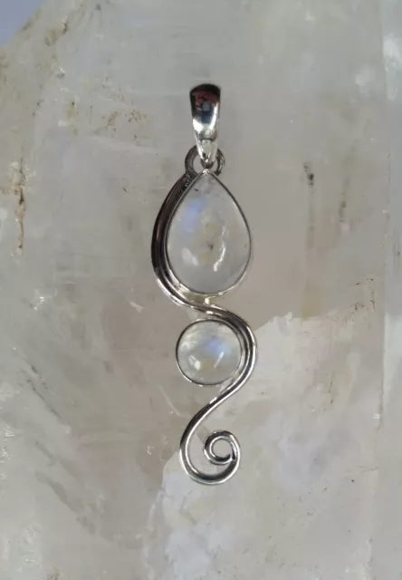 467 Rainbow Moonstone Solid 925 Sterling Silver Twin Gems Spiral Pendant rrp$70