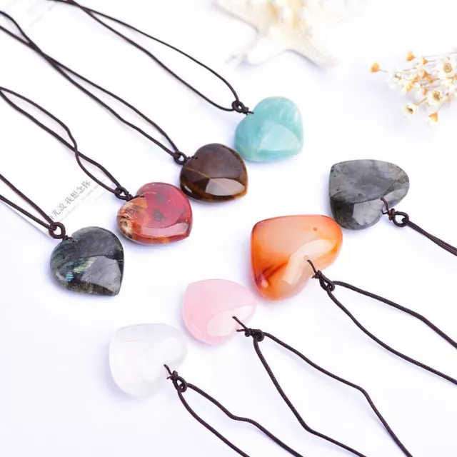 Natural Love Heart Chakra Stone Necklace Gemstone Quartz Crystal Healing Pendant