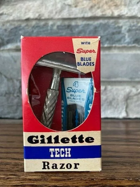 Gillette-New Old Stock-1960s razor-NOS Super Blue Blades-Tech Razor-Perfect
