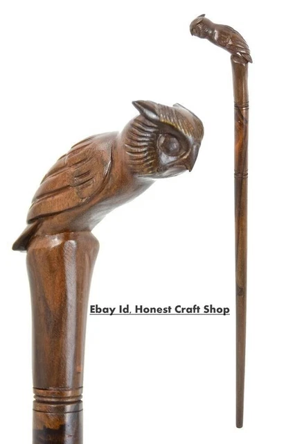 Owl Head Handle Hand Carved Walking Cane Wooden Walking Stick Handmade B/Gift