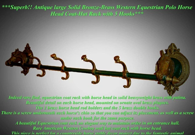 Antique Solid Bronze Brass Western Equestrian Polo Horse Head Coat Hat Rack 45"L