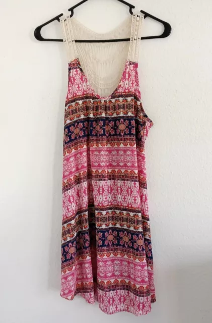 Lush Women's Multicolor Geometric Crochet Straps Mini Tank Dress Size Small