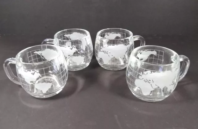 Vintage Nestle Nescafe World Globe Frosted Glass Coffee Mugs Cups - Set of 4