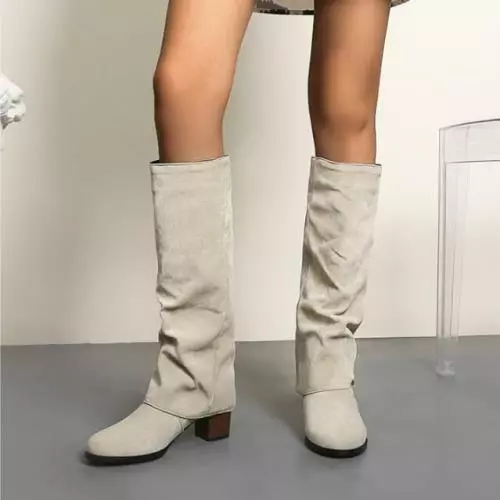 Women's Fashion Faux Suede Block Heel Pull On Knee High Riding Boots Shoes Chic