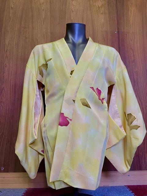 Japanese Kimono Coat Haori Urushi , Yellow, Red Butterfly  Silk antique