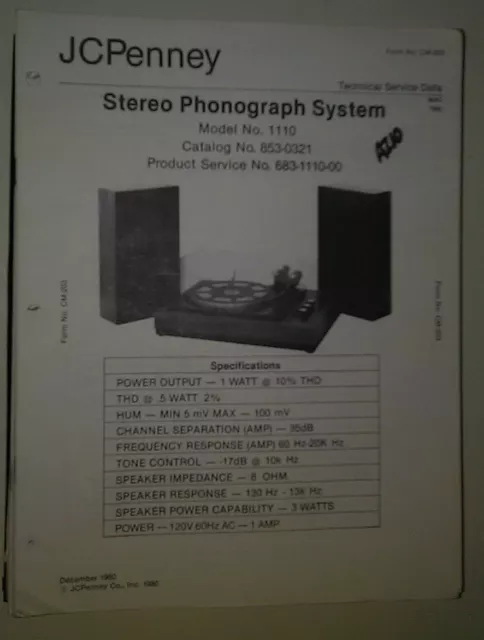 JC Penny jcpenny 1110 service manual original repair book stereo turntable