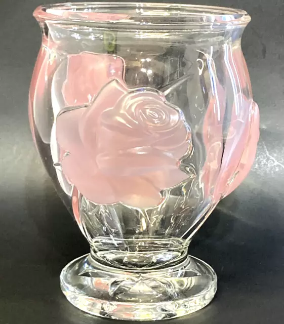 TeleFlora Clear Heavy Glass Vase Frosted Raised Pink Roses 6.25"h Made In France
