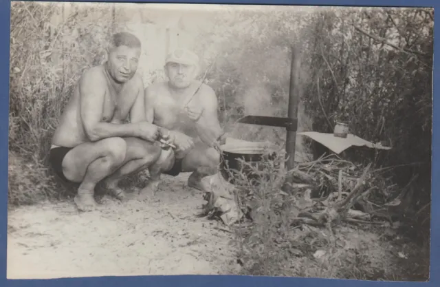 Handsome Guys in trunks with cigarette, naked torso Soviet Vintage Photo USSR