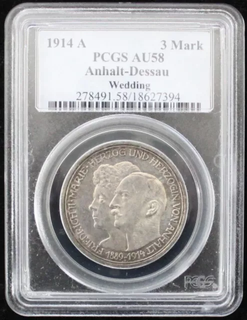 1914-A German States Silver 3 Mark Anhalt-Dessau Wedding - Pcgs Au58