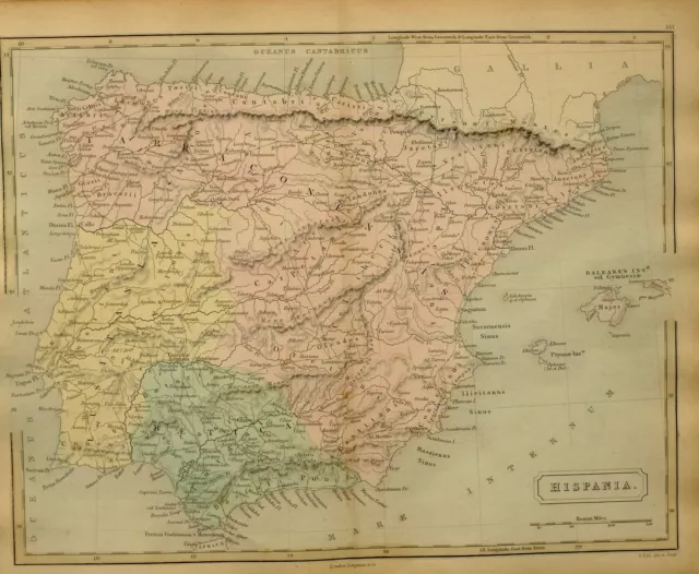 1851 Main Coloré Ancien Carte Hispania Baetica Tarraconensis Lusitania