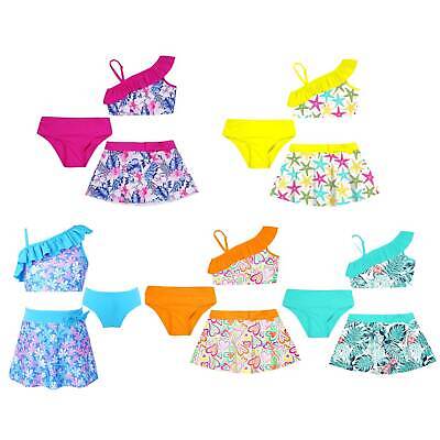 Girls Floral Tankini Set Ruffled Crop Tops with A-line Skirt Boyshorts Beachwear