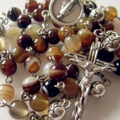 Coffee Agate Tibet Silver Rose Beads Rosary Necklace Cross CRUCIFIX CATHOLIC