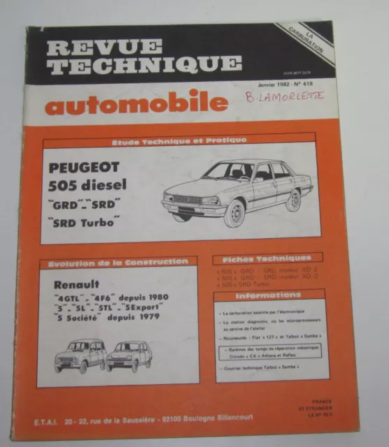 Revue technique automobile RTA 418 Peugeot 505 diesel GRD SRD SRD turbo