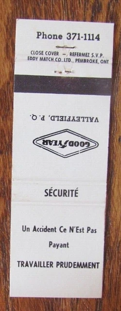 Goodyear Tires Matchbook Cover: Valleyfield, Quebec Empty Matchcover -D2