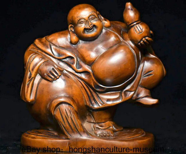 3.6 " China Boxwood Wood Carved Buddhism Happy Laugh Maitreya Buddha Statue