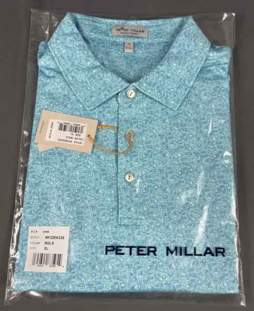 Peter Millar Golf Shirt Polo CS Summer Comfort Vinyl Whiskey Print XL Blue