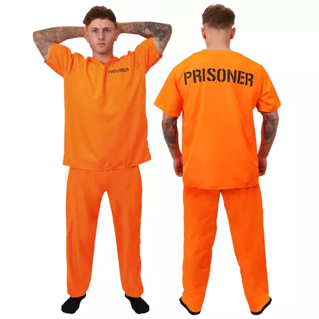 Mens Prisoner Costume Orange Top Trousers Convict Adult Halloween Fancy Dress
