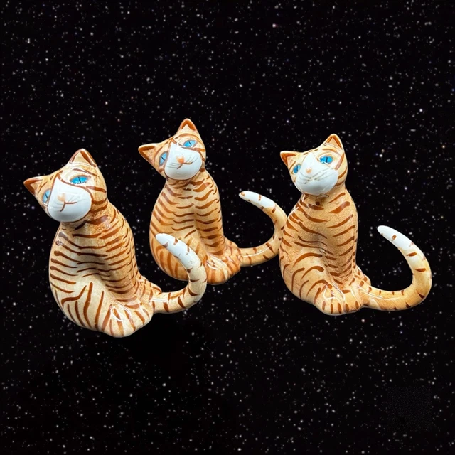 Striped Cat Figure Porcelain Fine Bone China Japan Set 3 Figurines Blue Eyes