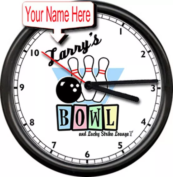 Bowling Alley Personalized Your Name Lucky Lounge Bowler Gift Sign Wall Clock