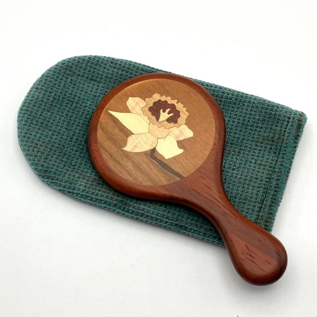 New Wooden Daffodil Marquetry Girls Hand Mirror in Fabric Pouch