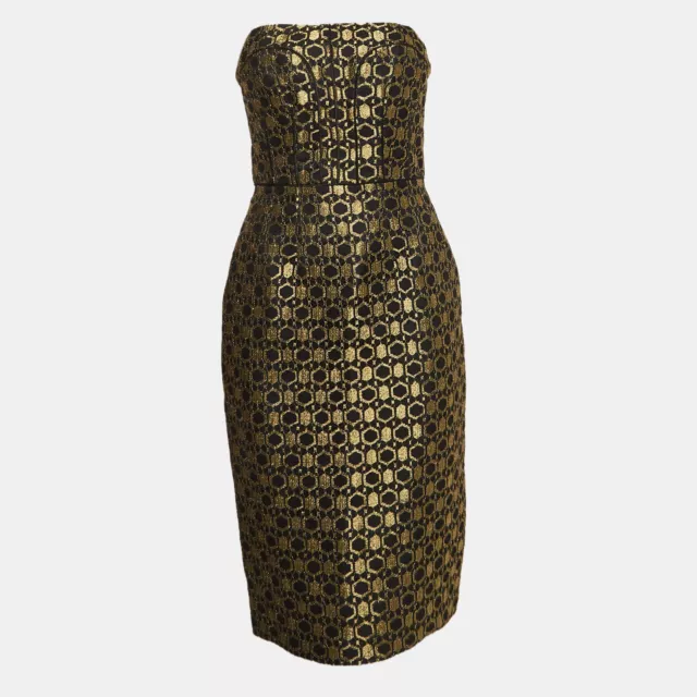 Alexander McQueen Black/Gold Jacquard Strapless Midi Dress M